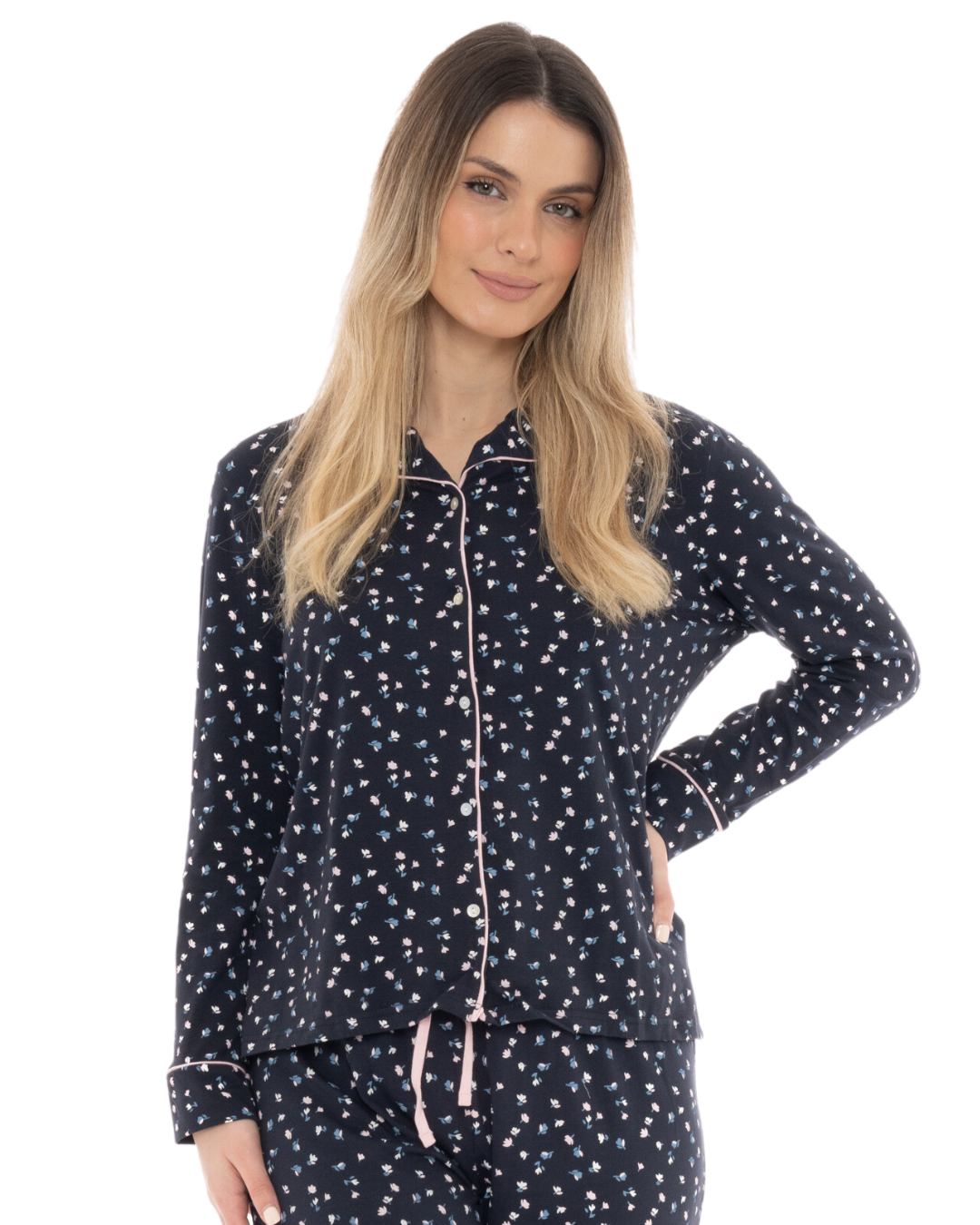 Navy Ditsy Floral Button Front Pyjama