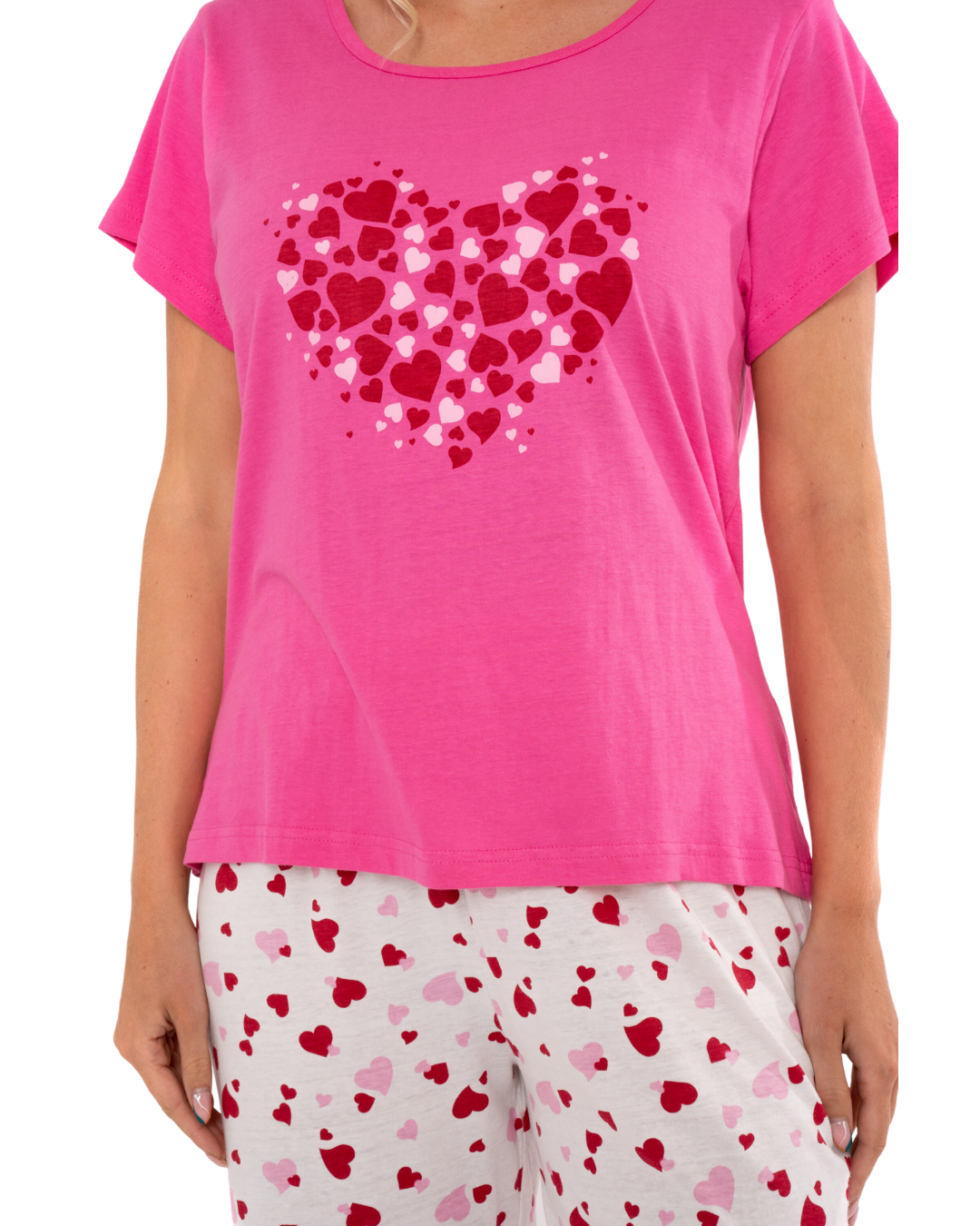 Pink Heart 100% Cotton Short Sleeved Cropped Leg Pyjamas