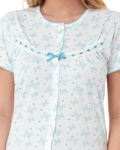 Butterfly Print 100% Cotton Jersey Button Through Nightdress