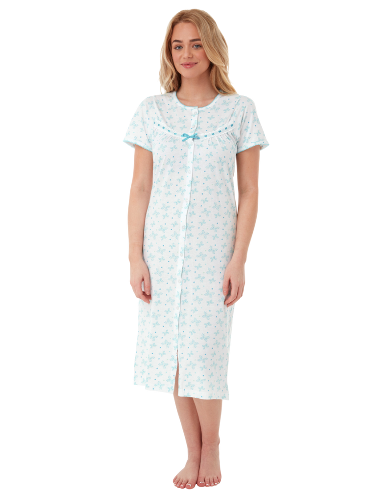 Butterfly Print 100% Cotton Jersey Button Through Nightdress