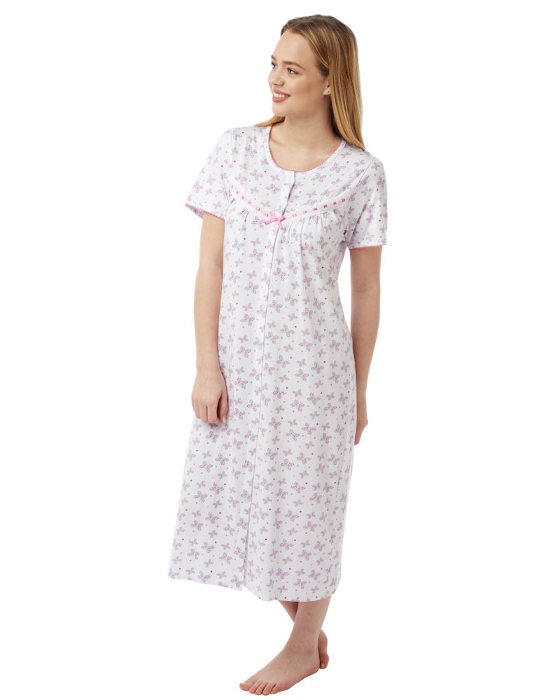 Butterfly Print 100% Cotton Jersey Button Through Nightdress